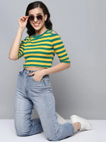 Women Green & Yellow Rib Cold Shoulder Crop Top