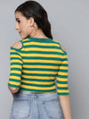 Women Green & Yellow Rib Cold Shoulder Crop Top