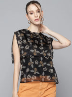 Women Black Beetle Print Sailor Collar Top