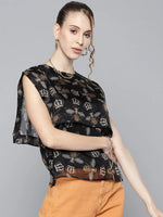 Women Black Beetle Print Sailor Collar Top