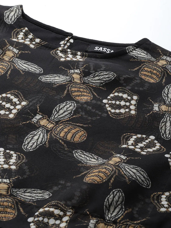 Women Black Beetle Print Sailor Collar Top