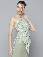 Women Green Floral Pleated Halter Neck Belt Top