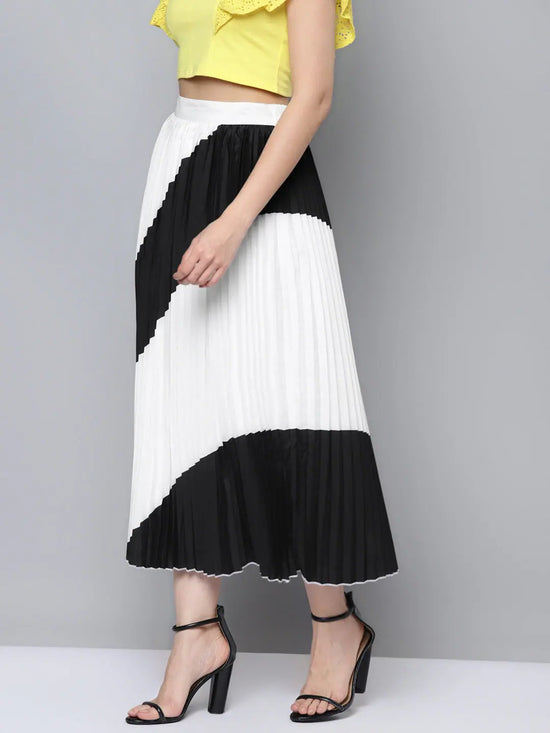 Women White & Black Colour Block Pleated Skirt