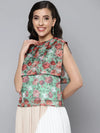 Women Sea Green Organza Floral Sailor Collar Top