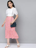 Women Pink Floral Frill Hem Skirt