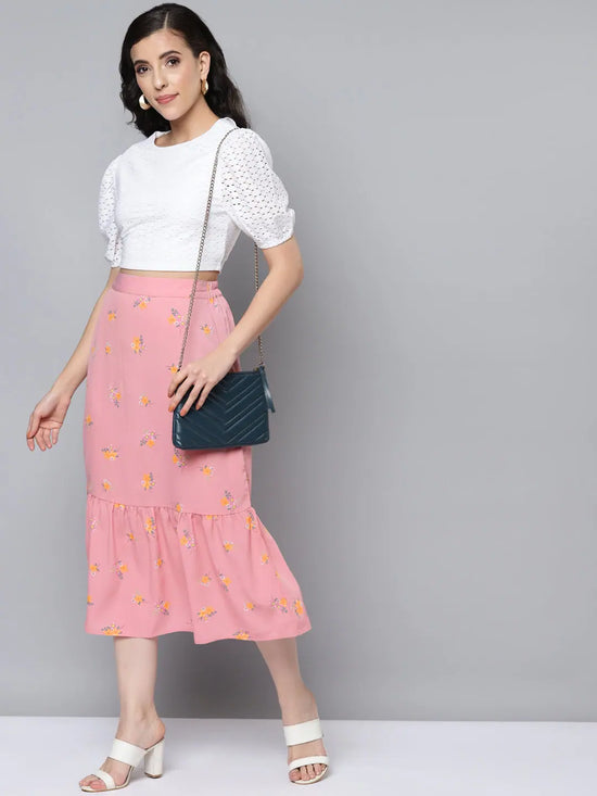 Women Pink Floral Frill Hem Skirt