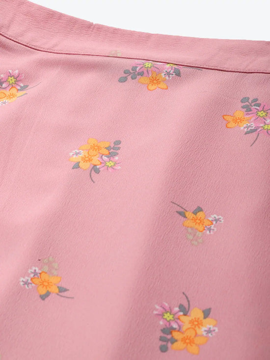 Women Pink Floral Frill Hem Skirt