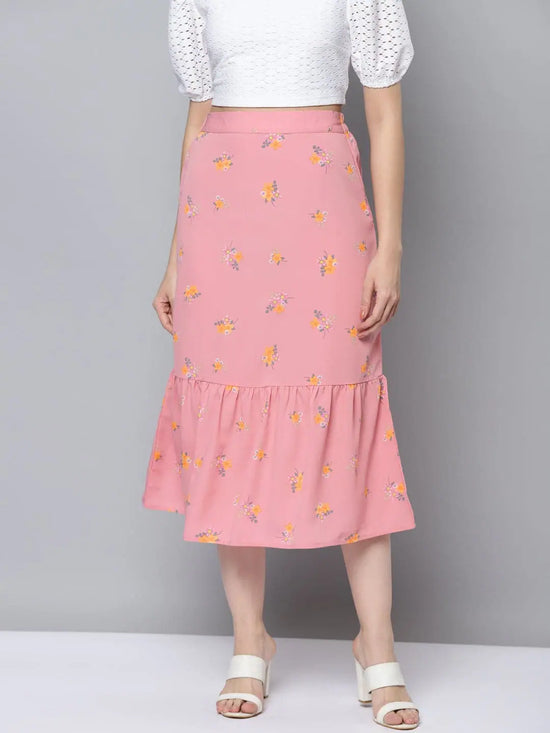 Women Pink Floral Frill Hem Skirt