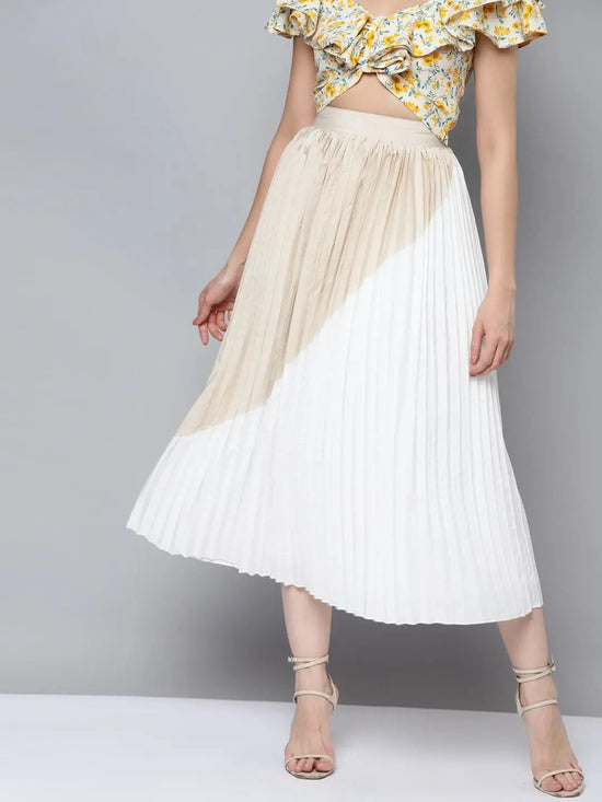 Women Beige & White Colour Block Pleated Skirt