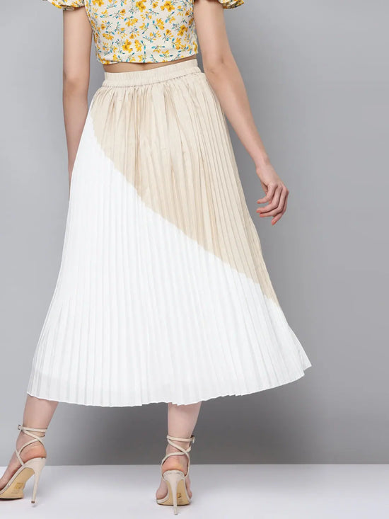 Women Beige & White Colour Block Pleated Skirt