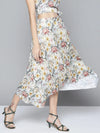 Women Off White Floral Asymmetric Pleated Skirt