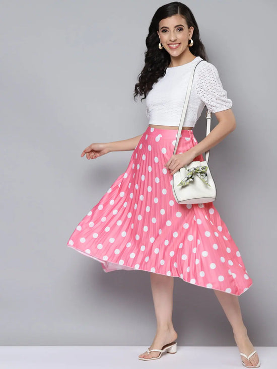 Women Pink With White Polka Dot Asymmetric Pleated Skirt