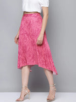 Women Fuchsia Floral Asymmetric Pleated Skirt