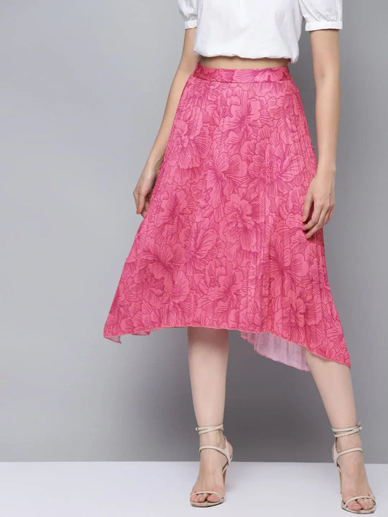 Women Fuchsia Floral Asymmetric Pleated Skirt