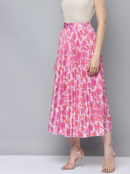 Women Pink Floral Pleated Skirt