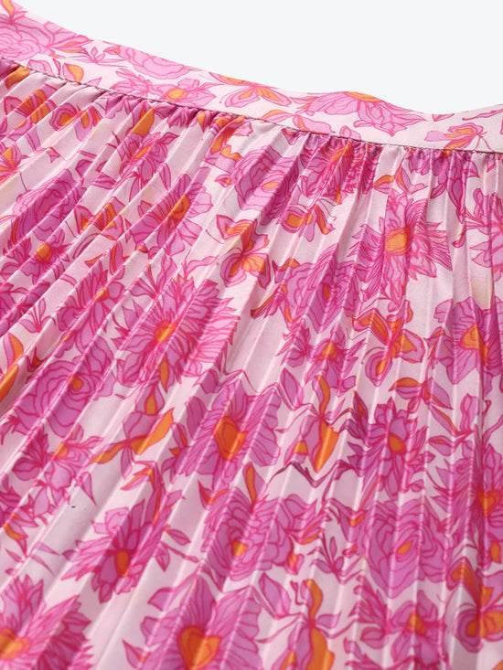 Women Pink Floral Pleated Skirt