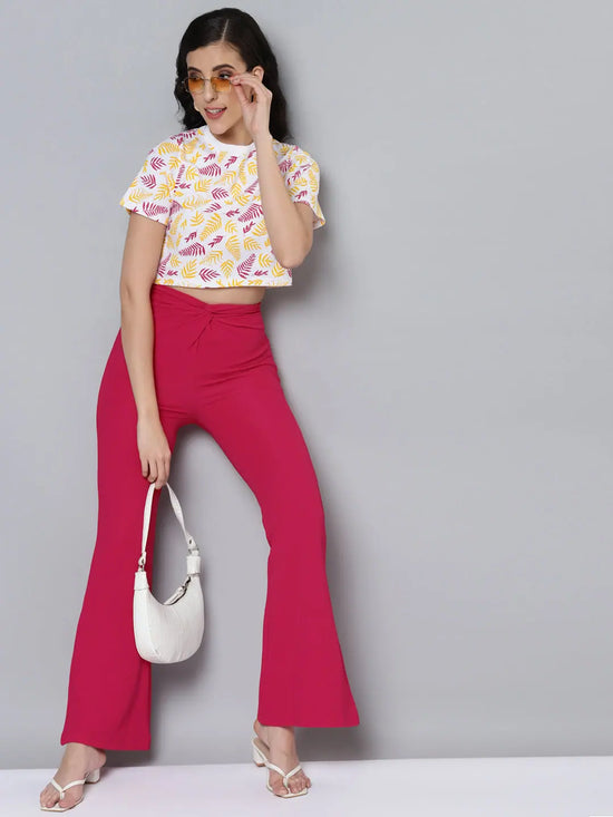 Women Fuchsia Twisted Waist Bell Bottom Pants