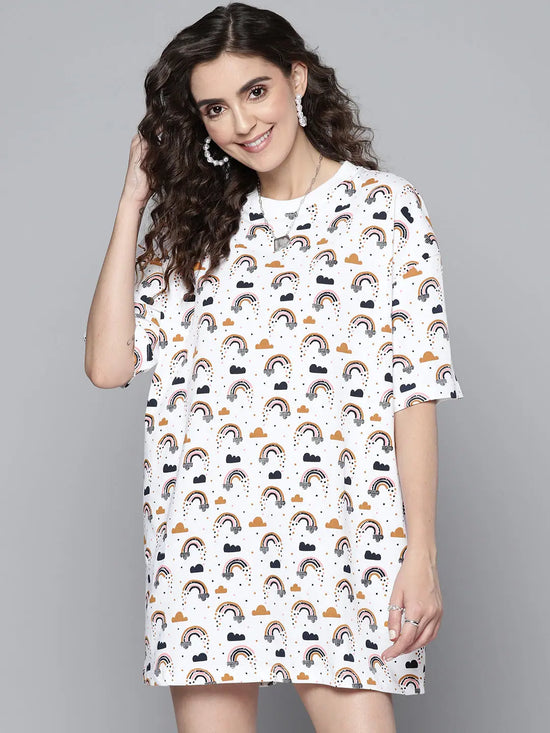 Women White Rainbow Print T-Shirt Dress