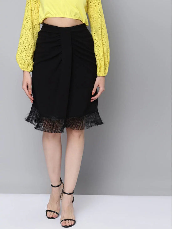 Women Black Fringe Lace Skirt