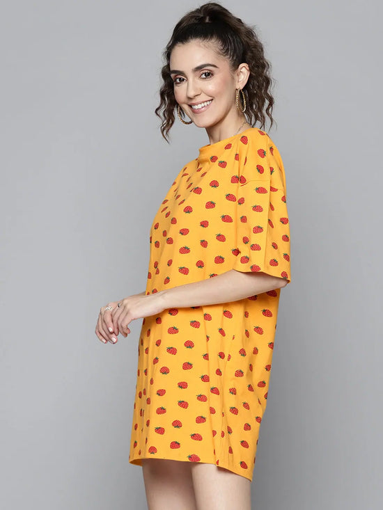 Women Mustard Strawberry T-Shirt Dress