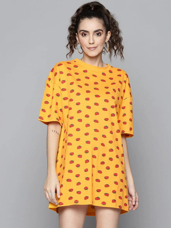 Women Mustard Strawberry T-Shirt Dress