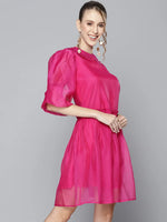 Women Magenta Embroidered Collar Organza Dress