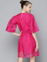 Women Magenta Embroidered Collar Organza Dress