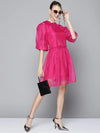 Women Magenta Embroidered Collar Organza Dress