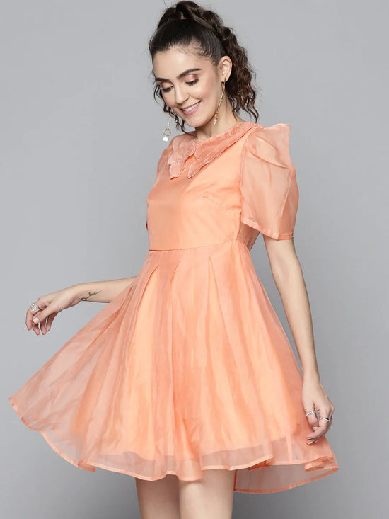 Women Peach Embroidered Collar Pleated Organza Dress