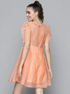 Women Peach Embroidered Collar Pleated Organza Dress