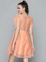 Women Peach Embroidered Collar Pleated Organza Dress