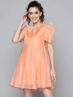 Women Peach Embroidered Collar Pleated Organza Dress