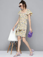 Women White Floral Square Neck Short Dress