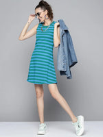 Women Green & Blue Rib A-Line Dress