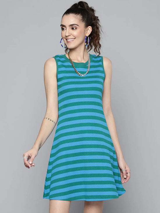 Women Green & Blue Rib A-Line Dress