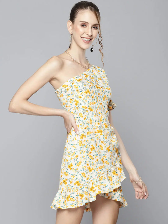 Women Off White Floral One Shoulder Frill Short Dress