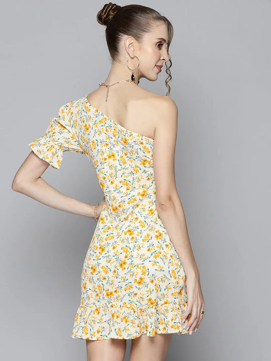 Women Off White Floral One Shoulder Frill Short Dress