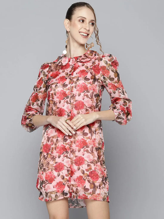 Women Pink Floral Organza Collar Neck Shirt Dress