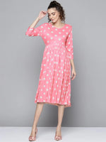 Women Pink and White Polka Dot Round Neck Pleated Dress