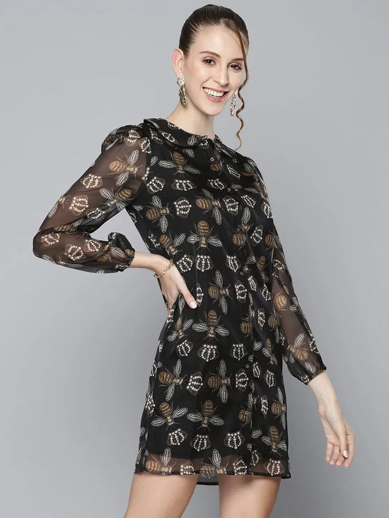 Women Black Beetle Print Collar Neck Shirt Dress