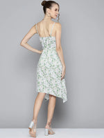 Women Green Floral Strappy Asymmetric Hem Dress