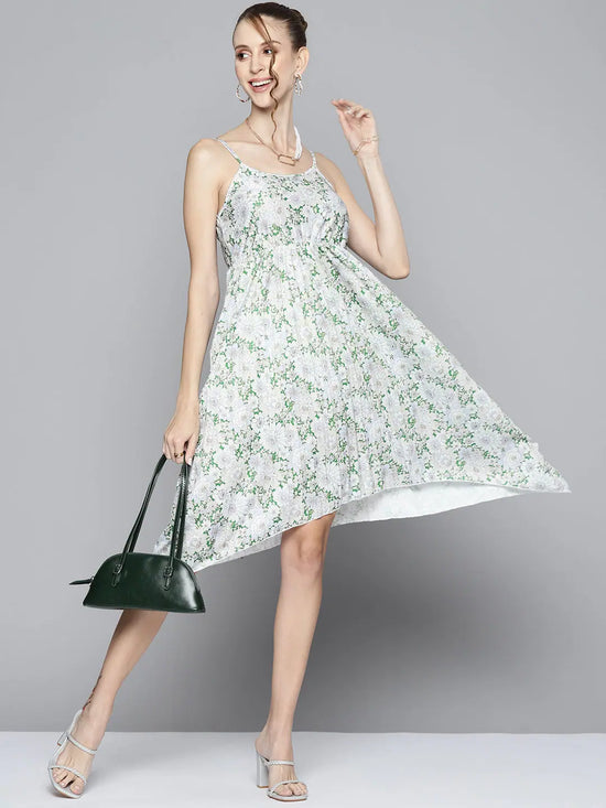 Women Green Floral Strappy Asymmetric Hem Dress