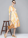 Women Mustard Floral Round Neck Pleated Dress