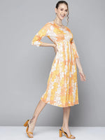 Women Mustard Floral Round Neck Pleated Dress