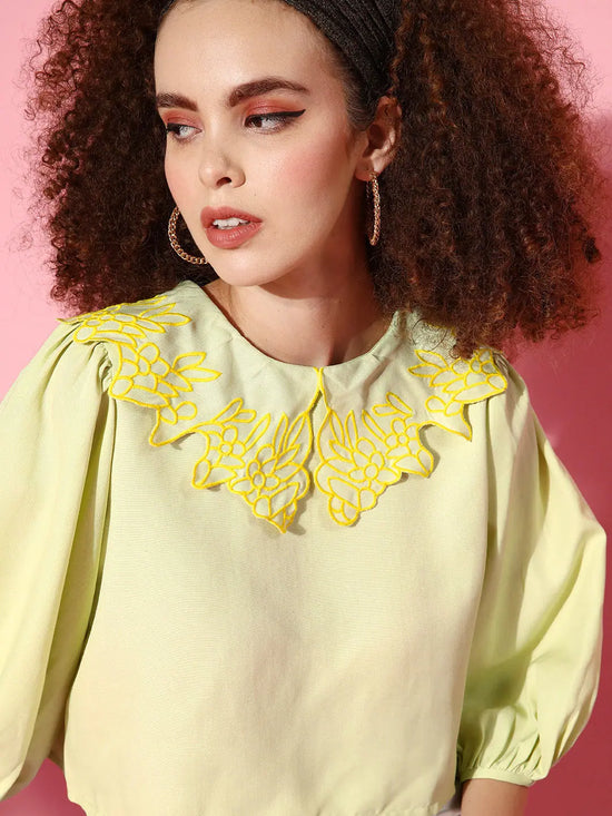 Women Mint Green Scallop Embroidered Broad Collar Crop Top