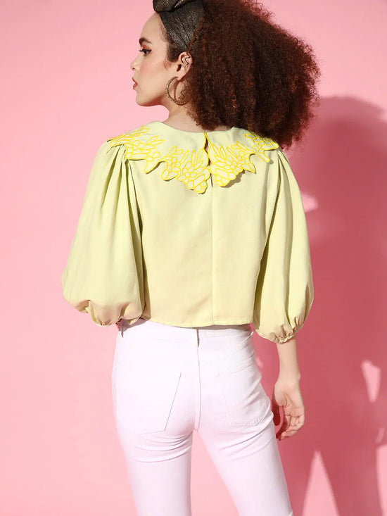 Women Mint Green Scallop Embroidered Broad Collar Crop Top