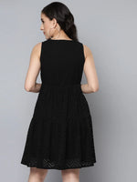 Women Black Schiffli Knee Length Tiered Dress