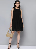 Women Black Schiffli Knee Length Tiered Dress