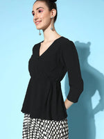 Women Black V-Neck Wrap Peplum Top