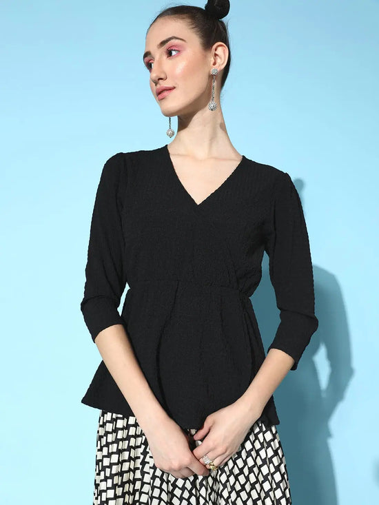 Women Black V-Neck Wrap Peplum Top